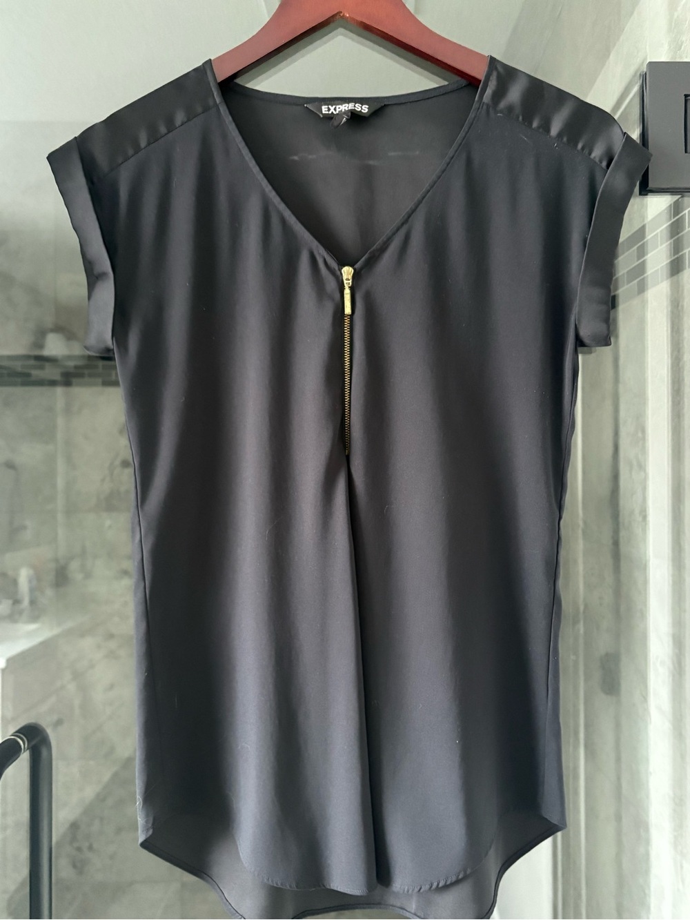 Express Black V-Neck Cap Sleeve Blouse with Gold Zip